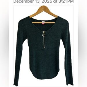 No Boundaries Forest Green Ribbed Knit Top with Zipper